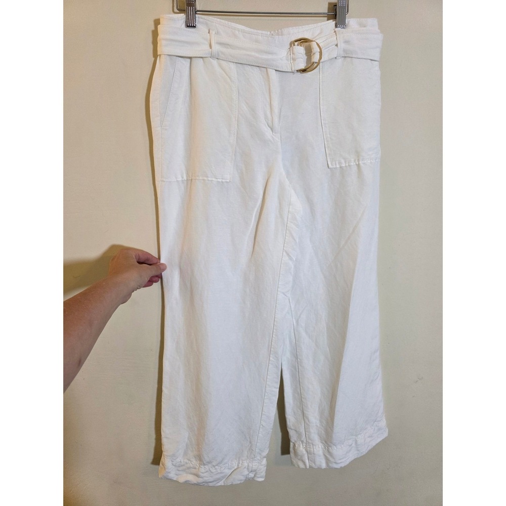 Ann Taylor White Linen Blend Wide Leg Belted Crop Pants 6P‎ 857359